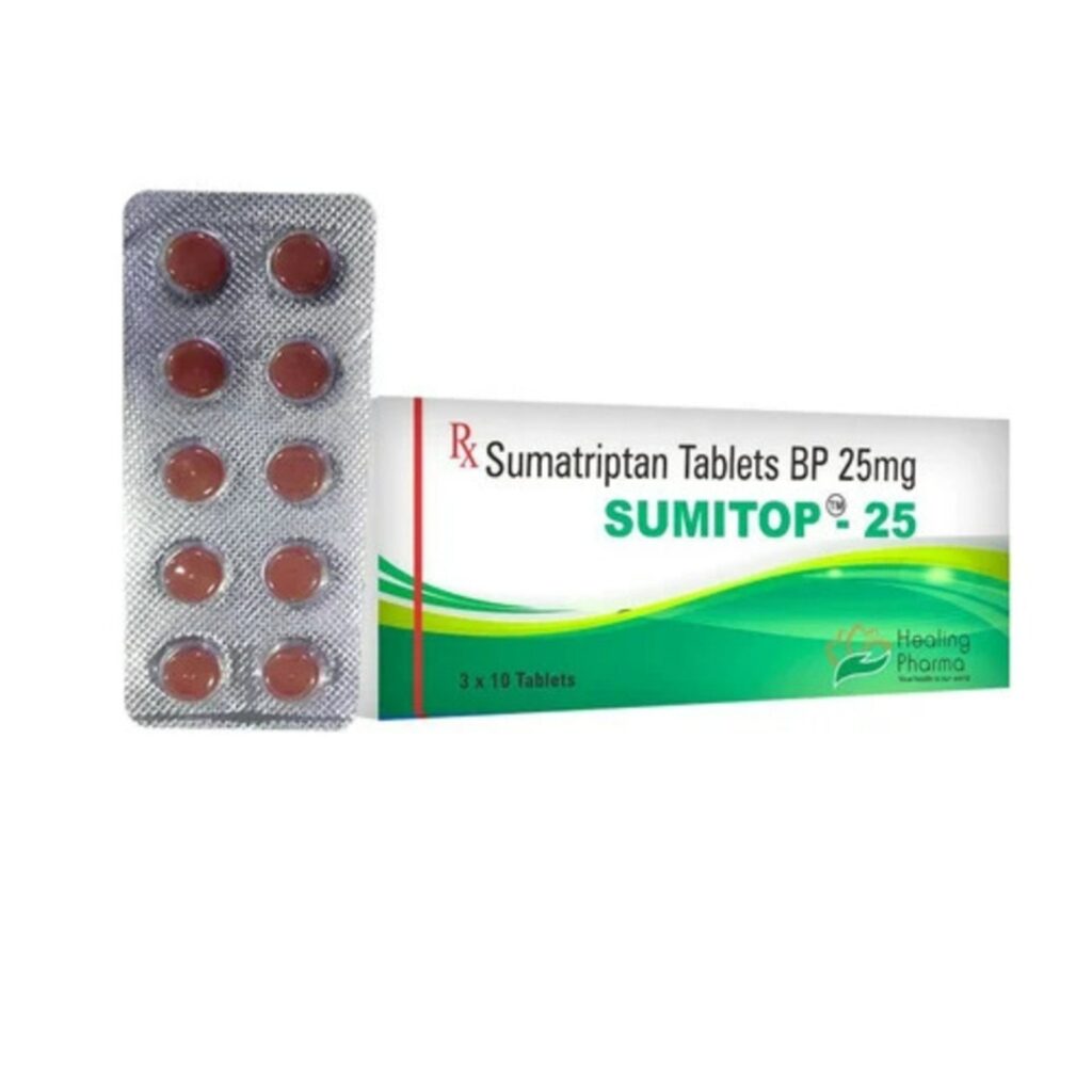 Sumitop 25 mg sumatriptan tablets product pack